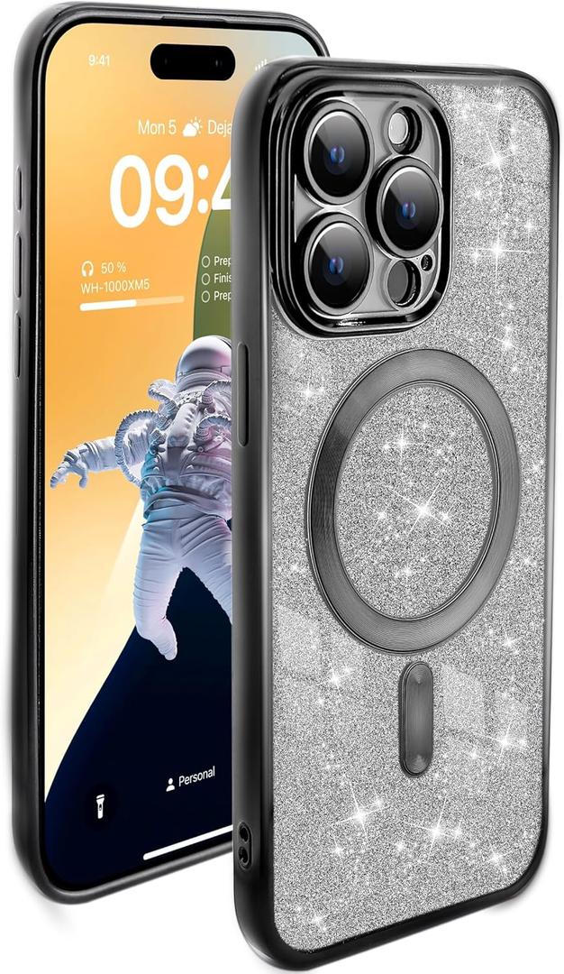 for iPhone 15 Plus Glitter Magnetic Case - Bling Chic Plating Clear Case - iPhone 15 Plus Shockproof Girls Cases Covers with Full Camera Protection for Women, Black