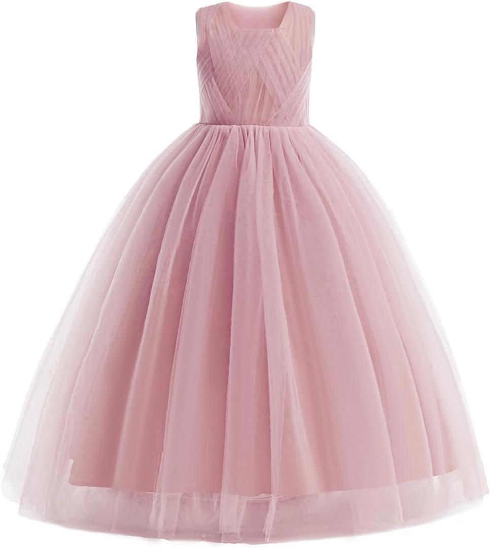 Flower Girls Formal Wedding Dress for Tulle Party Bridesmaid Pageant Princess Kids Birthday Prom Ball Gown (6-7 Years, Dusty Pink)