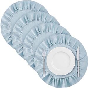 4 Pcs 15 Inch 100% Cotton Scalloped Round Placemats, Thin Light Blue Place Mats with Ruffle, Washable Placemats Table Mats for Kitchen Dining Holiday Gatherings Decor