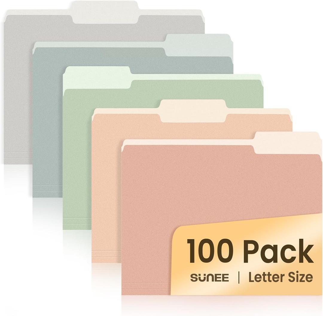 SUNEE File Folders Letter Size Pastel Colors, 100 Pack Manilla Folders 8.5 x 11 1/3-Cut Tabs, Colored File Folders Office Home School for Documents Files Paper