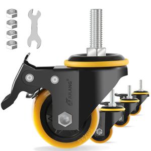 2 inch Caster Wheels 3/8 Threaded Stem Casters Set of 4 Heavy Duty 580 Lbs, 3/8"-16 x 1(Stem Diameter 3/8", Length 1"), Safety Dual Loking Casters for Wire Shelving, Carts, Furniture