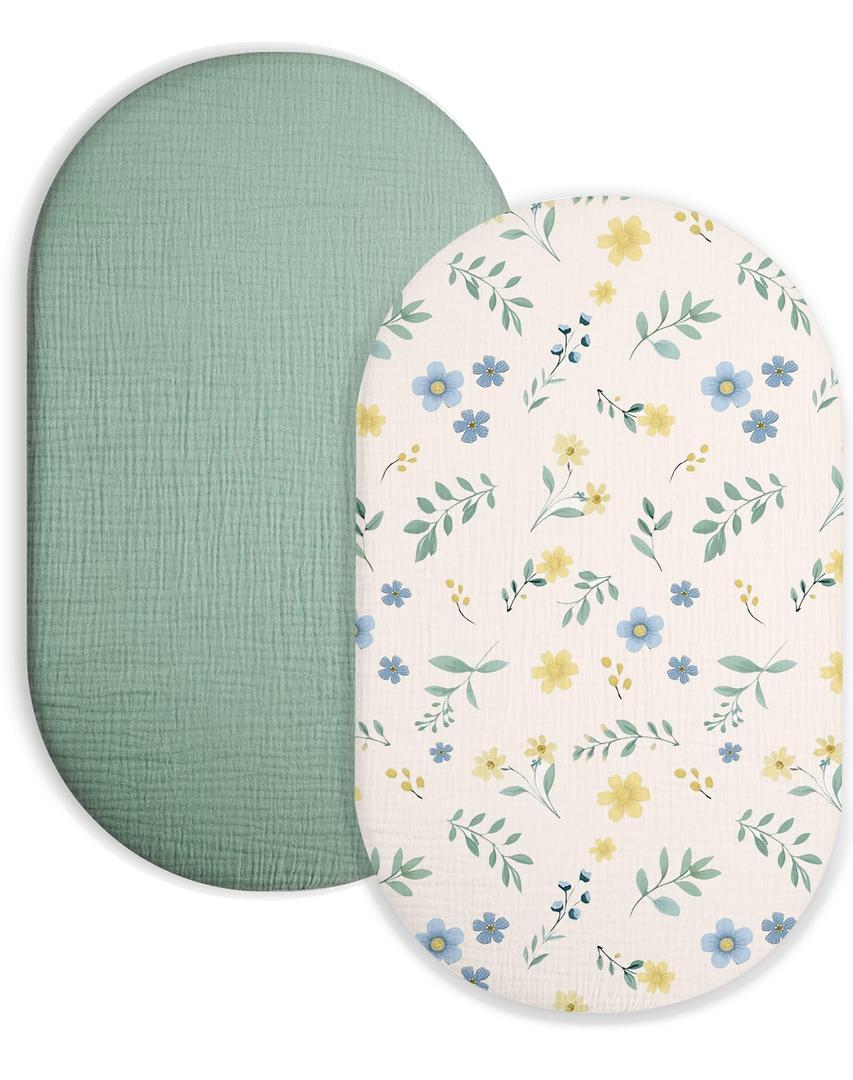 Muslin Bedside Bassinet Sheets 2 Pack, 33x20 Fitted Ultra Soft & Breathable Bedside Sleeper Sheets, Ideal for Baby Girl and Boy, Perfect for Newborns (Spring Garden & Sage)