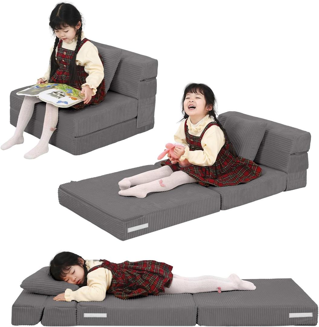 MeMoreCool Folding Sofa Bed for Kids, Corduroy Fold Out Chair Bed Toddler Futon Chair, Small Foldable Floor Mattress for Girl Boy, Portable Children Couch Sleeper Sofa, Dark Grey