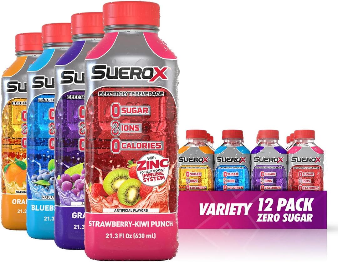 SueroX Zero Sugar Electrolyte Drink for Hydration and Recovery, Unique Blend of Electrolytes & 8 Ions, Zero Calorie Sports Drink, 21.3 Fl Oz, Variety Pack, 12 Count