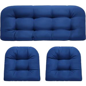 Wicker Chair Cushions 3 Piece Set, Outdoor Loveseat Wicker Cushions for Patio Furniture Settee, Waterproof Wicker Patio Furniture Loveseat Cushions, 1 Loveseat and 2 U-Shaped Cushions, Blue