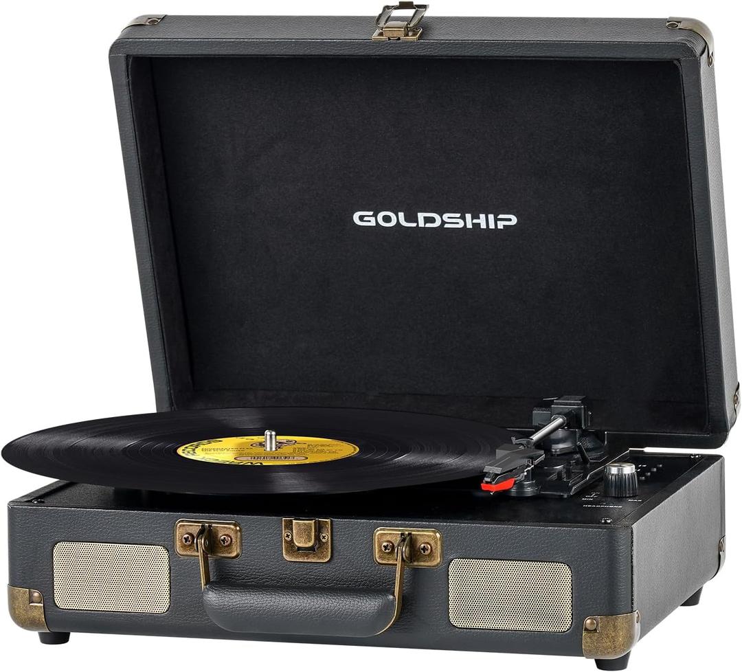 Vinyl Record Player 3-Speed Bluetooth Portable Turntable with USB Playback, Rechargeable Battery, Retro Suitcase Design, Aux in/RCA Line Out & Headphone Jack (Black-1)
