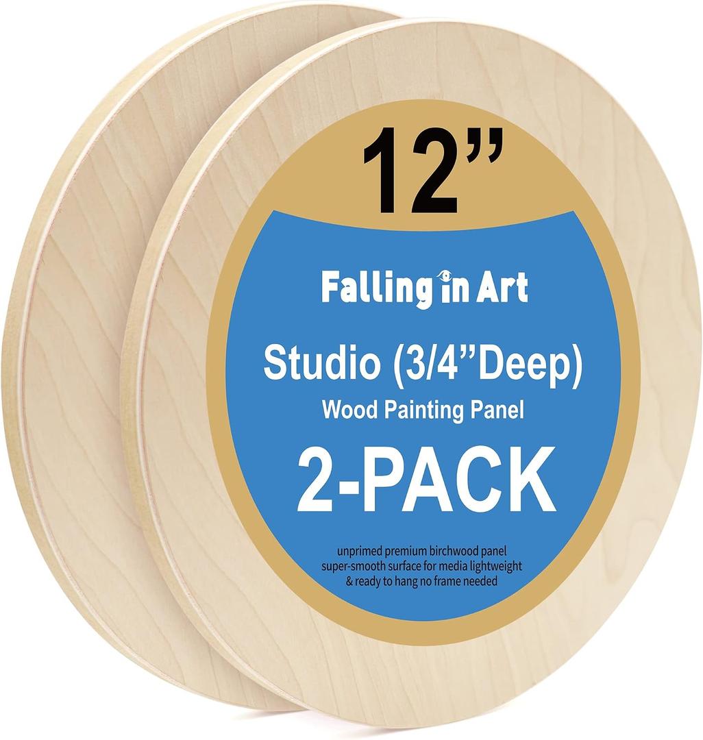 Falling in Art Unfinished Round Birch Wood Canvas Panels Kit, 2 Pack of 12 Studio 3/4 Deep Cradle Boards for Pouring Art, Crafts, Painting, and More