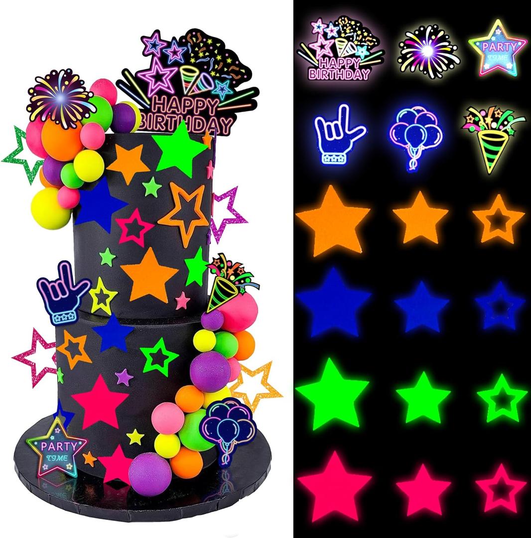 46 PCS Glow in the Dark Cake Toppers Lets Glow Theme Cake Decorations for Neon Birthday Engagement Wedding Party Decorations Supplies (01)