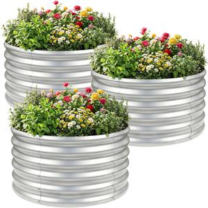 AHEONLAR 3PCS 2x2x2FT Galvanized Raised Garden Bed Kit Round Metal Flower Box Large Planter Raised Beds Outdoor Garden for Planting,Fruit,Herb Silver
