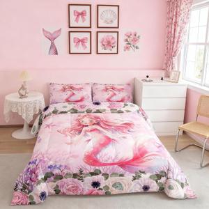 Manfei Cartoon Mermaid Bedding Set Twin Size Cute Mermaid Girl Comforter Dreamy Undersea Pink Comforter Set Spring Flowers Plant Duvet Set 2Pcs Quilt Set 1 Comforter Set with 1 Pillowcase