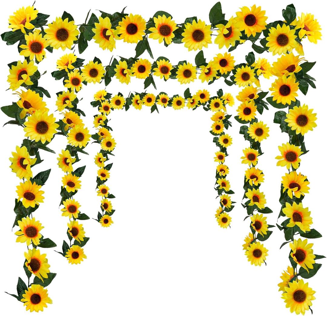 Uieke 3 Pack Artificial Sunflower Garland, 7.5ft/Strand Silk Sunflowers Hanging Vines Flowers with Green Leaves for Room Kitchen Garden Birthday Wedding Baby Shower Party Table Decor Large