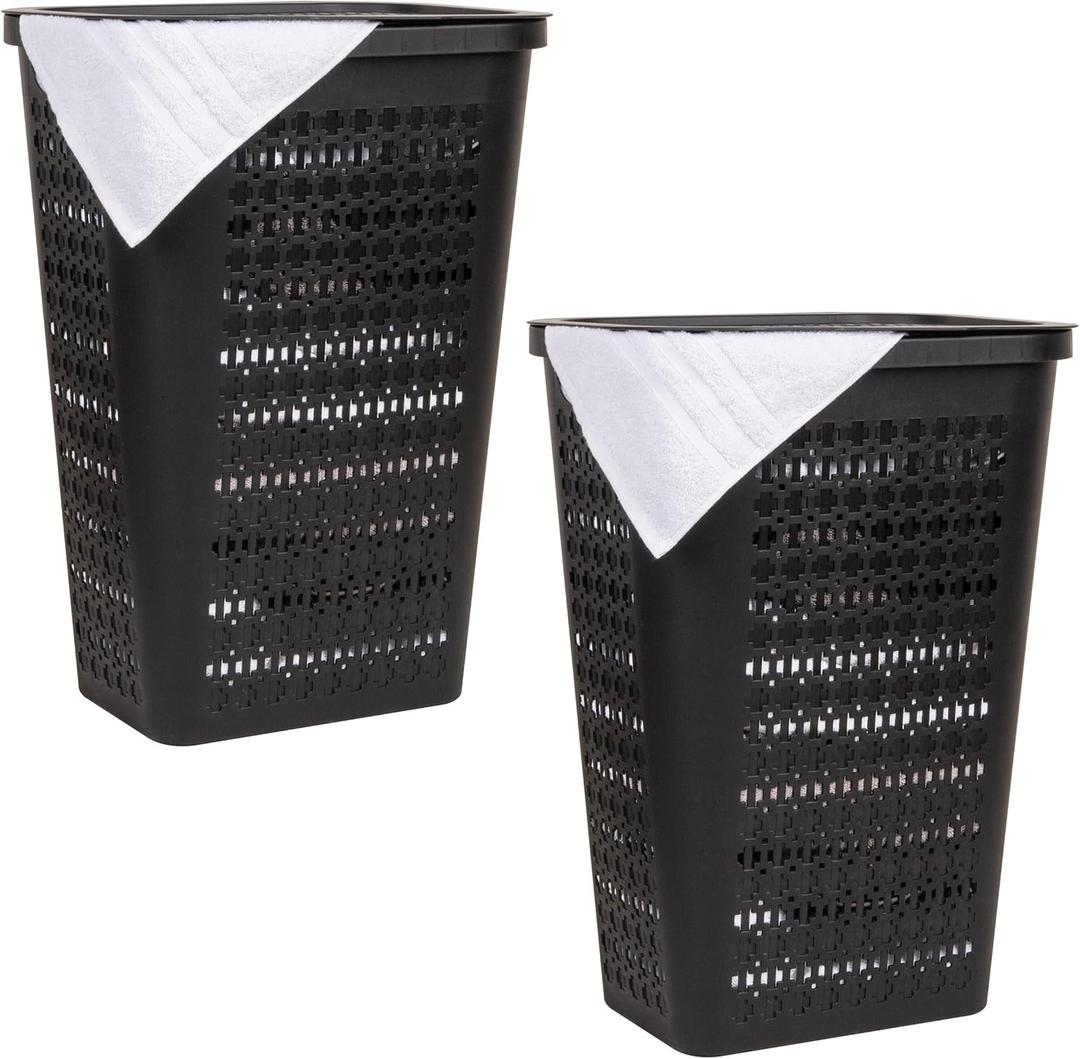 Mind Reader Slim Tapered Laundry Hampers with Lid, Clothes Basket with Swiss Cross Cut-Outs, Lightweight & Ventilated, Plastic, Set of 2, Black, 16.75" x 12.75" x 23"