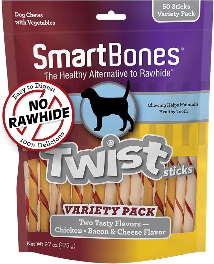 SmartBones Twist Sticks Variety Pack 50 Count, Rawhide-Free Chews For Dogs Made With Real Chicken Or Bacon And Cheese Flavor (SBM-00464) bbd: 11/14/2027