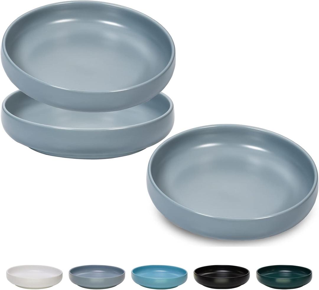 Ceramic Cat Bowls,  Shallow Cat Dishes for Food and Water, 6 inch Matte Finish Wide Cat Food Bowl, Whisker Fatigue Free Pet Puppy Kitten Bowl Set of 3, Dishwasher Safe (Bluish Grey-3pack)