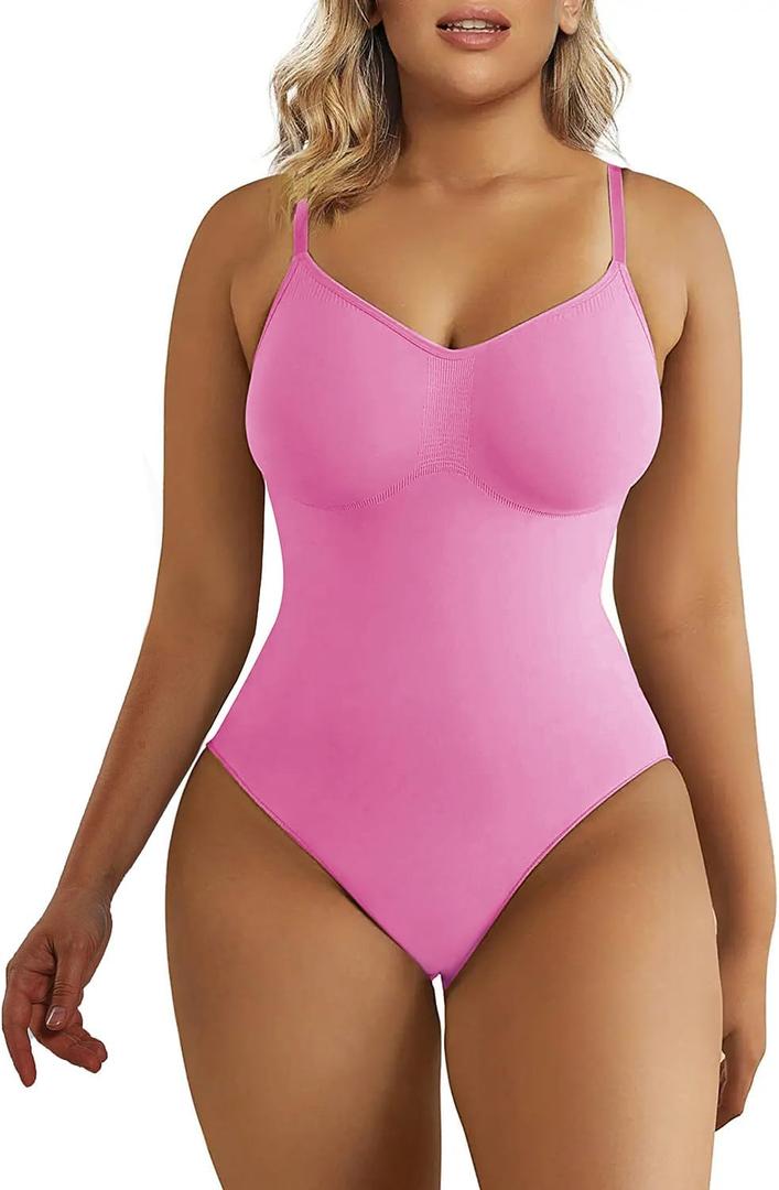 SHAPERX Women's Shapewear Bodysuit Tummy Control Body Shaper Seamless Sculpting Snatched Waist Body Suit (Small/Medium, Pink Thong)