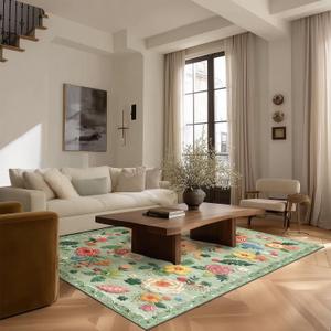 4x6 Bedroom Area Rug Washable: Throw Rugs for Living Room Floral Green Rug Non Slip Low Pile Faux Wool Non Shedding Small Carpet for Kitchen Entryway Bedside Home Office Dorm Kids Room Entrance Entry