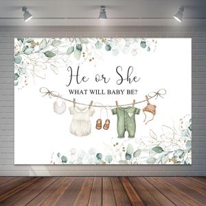 7x5ft Greenery Gender Reveal Backdrop Watercolor Boy or Girl Clothes Background Green Eucalyptus Leaves Gender Neutral Party Cake Table Decorations Banner Photo Booth