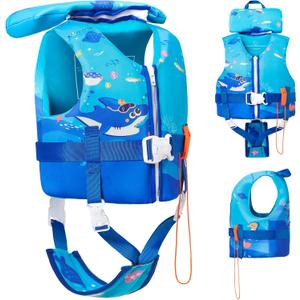 Toddler Swim Vest, Toddler Life Jacket 20-80 lbs Boys & Girls, Kids Floaties Swimming Jackets for 1 2 3 4 5 6 7 Years with Detchable Head Support &Grab Handle (0 Blue-Shark)
