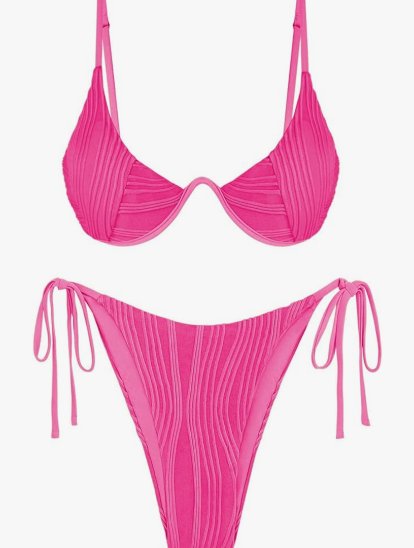 ZAFUL Women's Textured Underwire Bikini Set V Notch High Cut Swimwear Tie Side Ribbed Sexy Swimsuits L