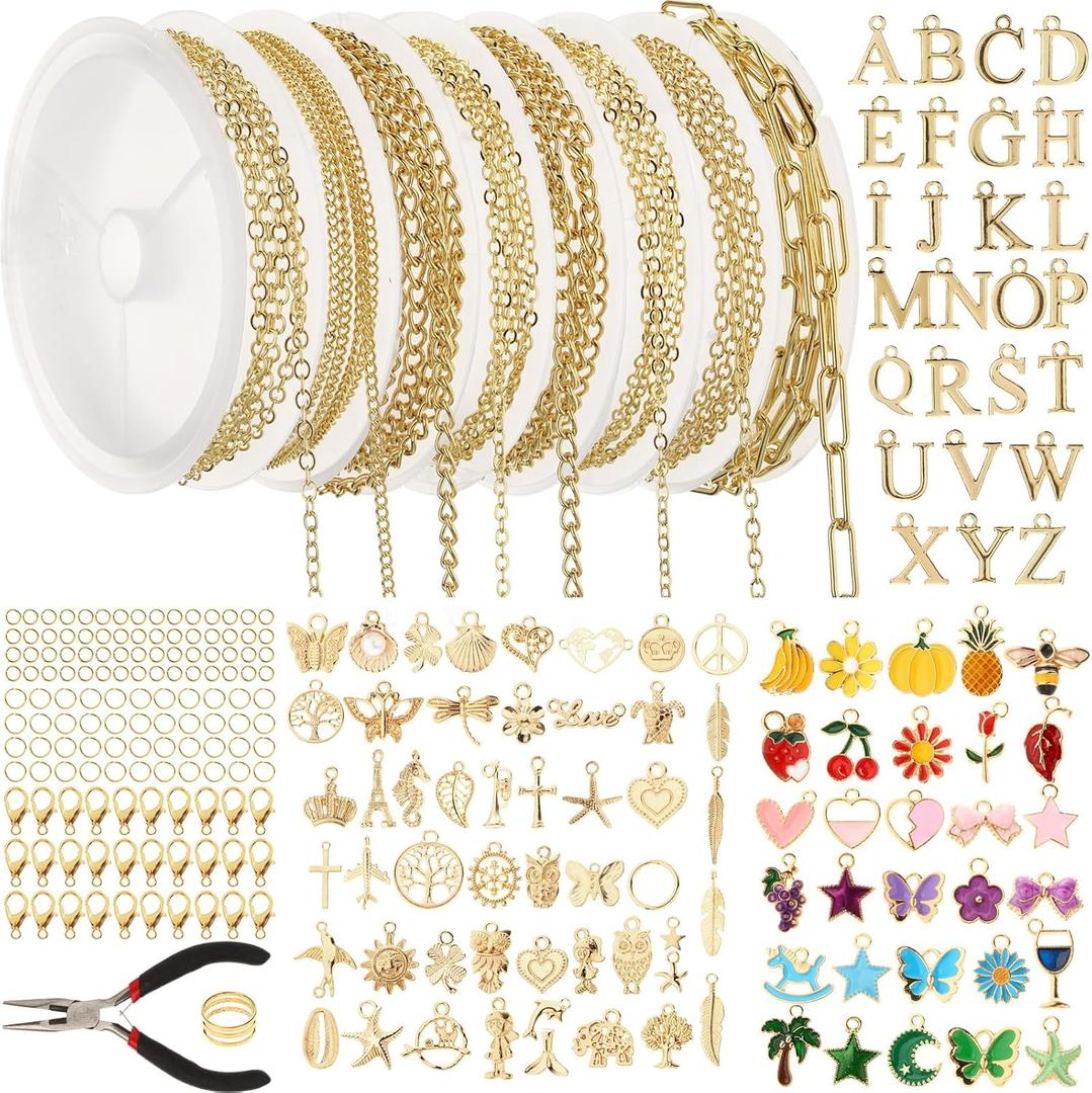 Quelay 8 Rolls 26.2 Feet Gold Chains for Jewelry Making DIY Necklace Bracelet Chains Bulk with 106 Bracelet Charms 350 Jump Rings 80 Lobster Clasps Jump Ring Opener Matching Pliers Accessories