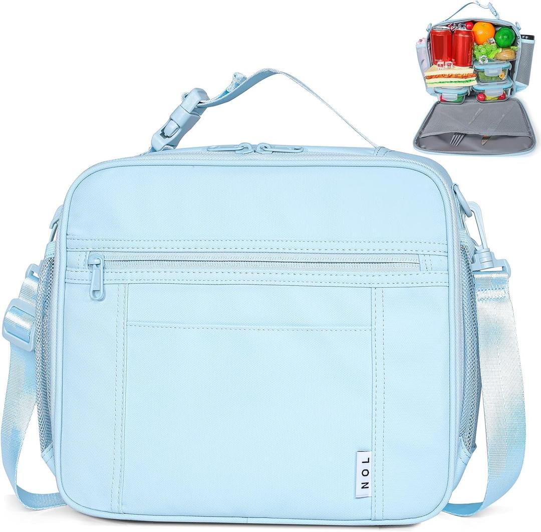 NOL Kids Lunch Bag - Kids 3+ Reusable Insulated Lunch Box with Zipper Closure Buckle Handle Adjustable Long Shoulder Strap, Easy-Clean Waterproof Fabric, Children Lunch Tote Bag for School -Light blue (Horizontal (7 Liters))