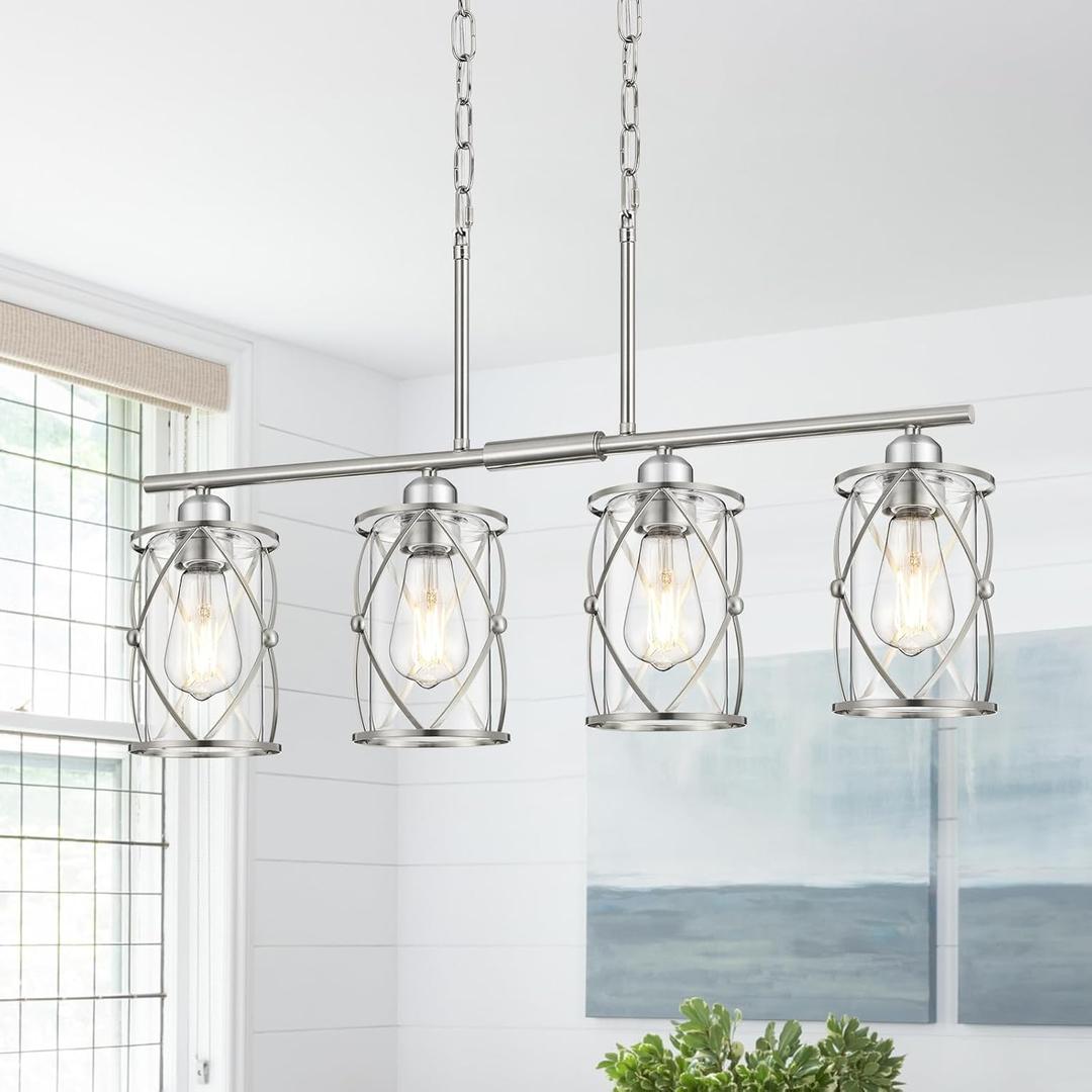 4-Light Kitchen Island Lighting, Modern Brushed Nickel Dining Room Light Fixtures with Clear Glass, Farmhouse Industrial Linear Chandelier Pendant Light with Adjustable Chain, CH9176BN-4IS