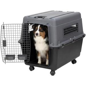 SportPet Airline Compliant LARGE 28.75" Travel Dog Kennel- Durable Plastic Airline Pet Carrier w/ Removable Wheels & Food Bowls, Collapsible Indoor/Outdoor Dog Kennel, Dogs up to 28"L & 20"H-Dark Gray