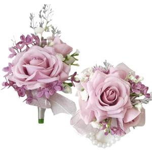 Artificial Rose gypsophila Wrist Corsage and Boutonniere Set Artificial Corsage Wristlet Bracelet for Wedding Decorations Prom Ceremony Accessories(1 Boutonniere & 1 Corsage)