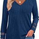 PRETTYGARDEN Women's Long Sleeve Shirts Ribbed Knit V Neck Tee Dressy Casual Blouses Going Out Tunic Tops 2026 Fall Outfits (Blue, M)