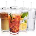 4PCS 20oz Glass Cups with Lids and Straws, Iced Coffee Cups with Lids, Stylish Ribbed Thick Drinking Glasses Tumbler for Juice, Smoothies, Cold Beverages, Cute Cup Gifts with Clean Brush