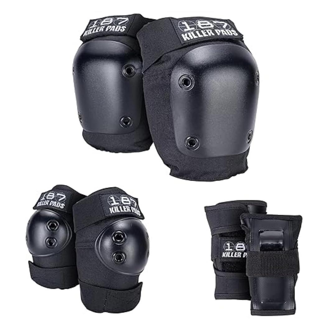 187 Killer Pads Six Pack Pad Set, Elbow Pads, Knee Pads, and Wrist Guards - Ideal for Skateboarding, Roller Skating, and Inline Skating (BLACK)