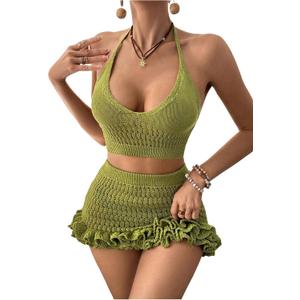 SHENHE Women's Swimsuit Cover Up Set 2 Piece Crochet Crop Halter Tops Ruffle Skirt Beach Outfits Green Small SHENHE Women's Swimsuit Cover Up Set 2 Piece Crochet Crop Halter Tops Ruffle Skirt Beach Outfits Green Small