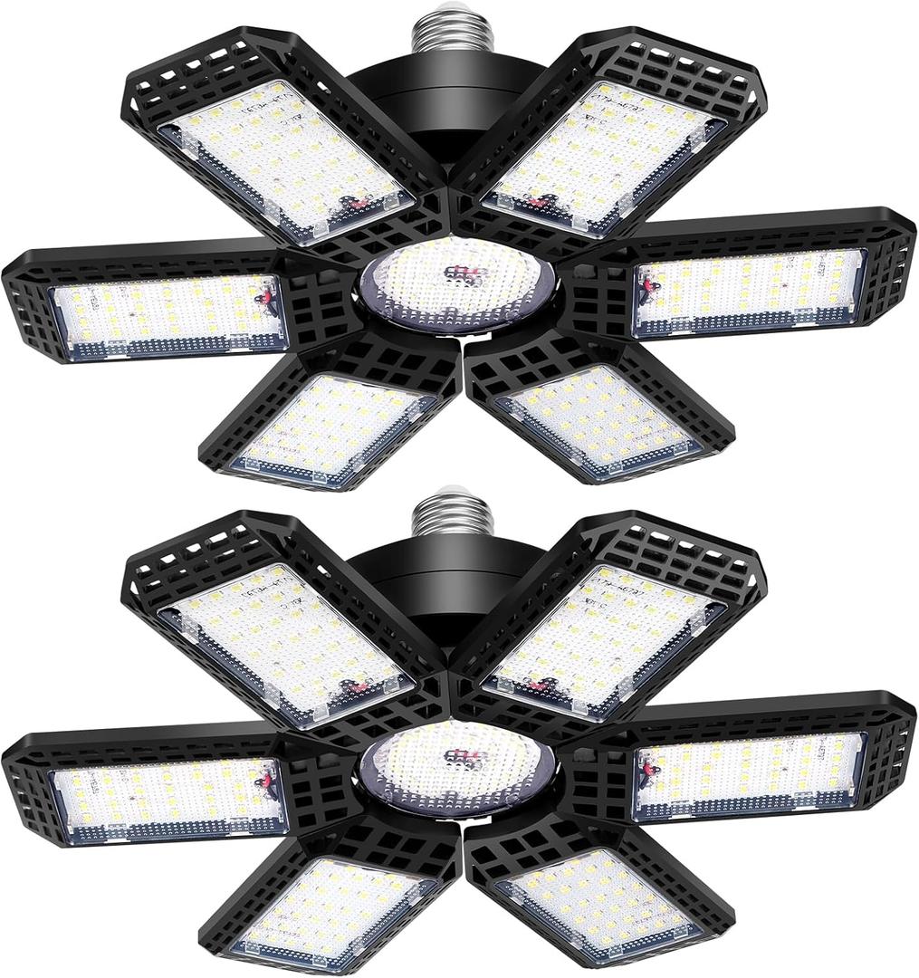 2 Pack Garage Light, 200W 20000LM 6500K LED Shop Lights, Garage Lights Ceiling Led with 6+1 Deformable Panels, Screw in E26/E27 Socket Bulb for Warehouse, Workshop, Basement, Barn Lighting