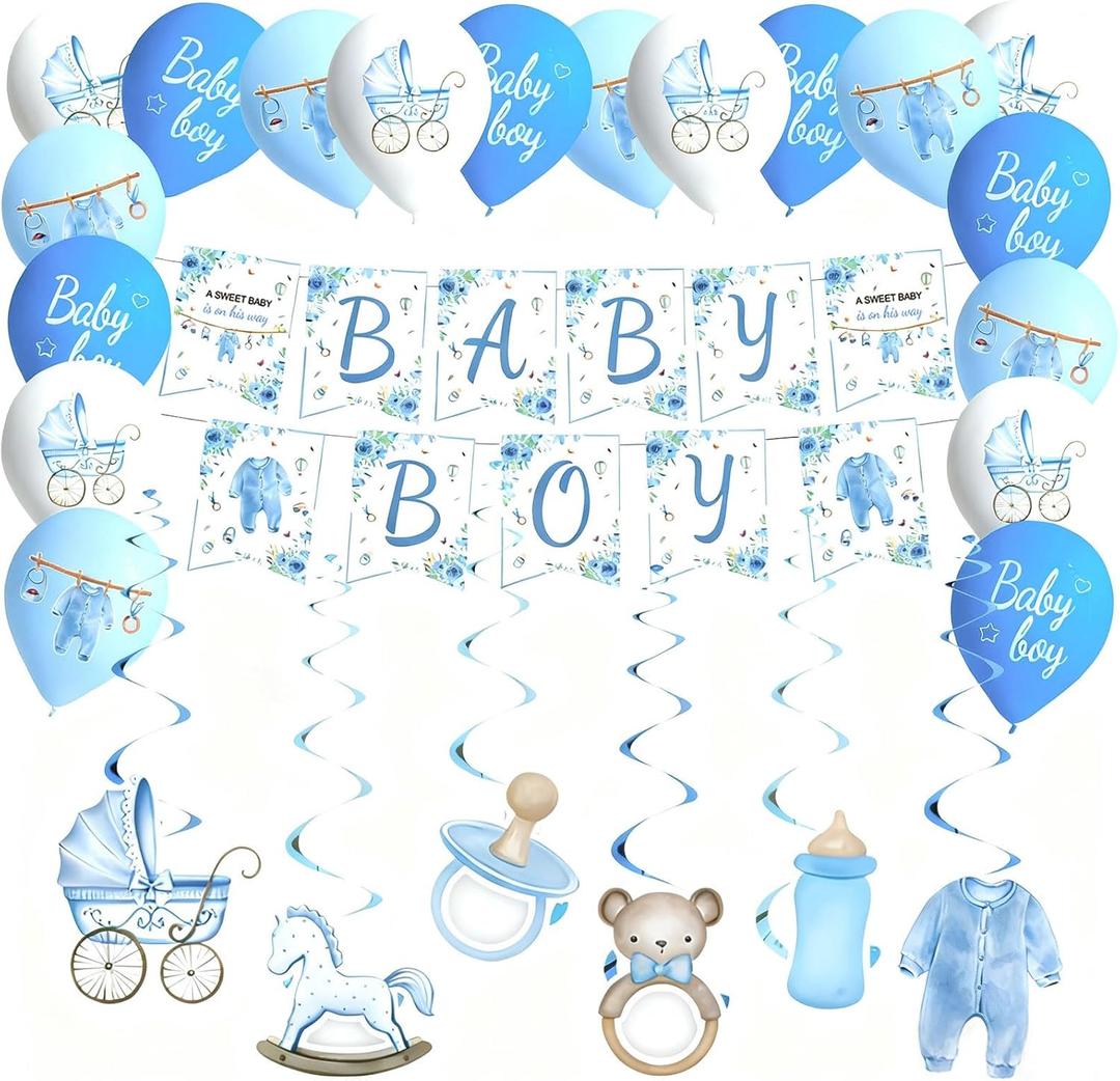 Blue Baby Boy Shower Decorations, Baby Boy Banner Blue White Balloons Banner Hanging Swirls Welcome Baby Banner Baby Shower Decorations Gender Reveal Decor A Sweet Baby is on His Way Party Supplies