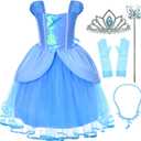 Joy Join Princess Costume Blue Dress for Toddler Girls Dress Up With Gloves,Crown,Wand,Necklace (Blue, 5-6Y)