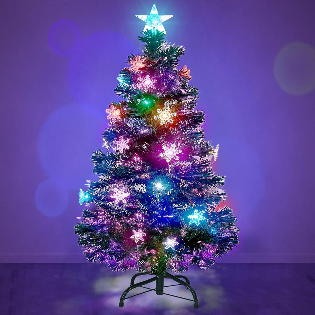 Prsildan 4 FT Artificial Christmas Tree, Pre-Lit Optical Fiber Xmas Trees with Multicolor LED Lights, Snowflakes & Top Star, Lighted Christmas Tree Holiday Home Decor