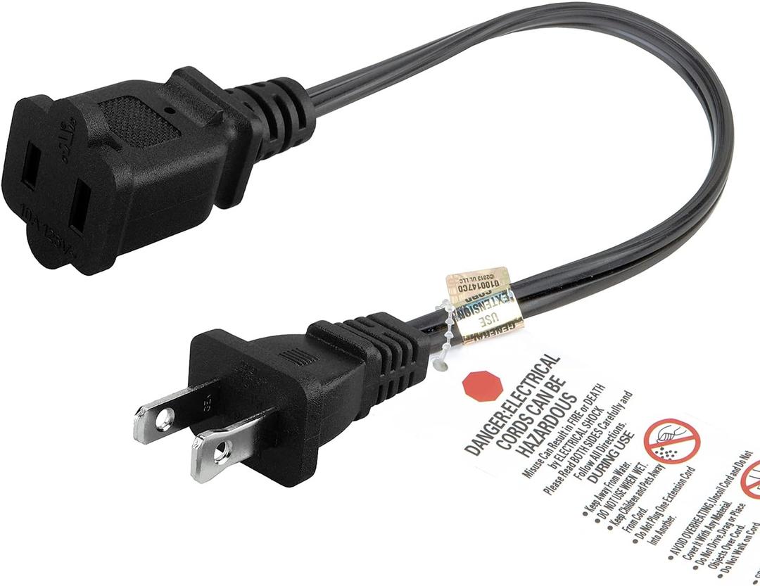 1FT Short Polarized US 2 Prong Male-Female Extension Power Cord, 2 Outlet Extension Cable Cord US AC 2-Prong Male/Female Power cable10A/125V, Nema 1-15P to 1-15R Cable Polarity