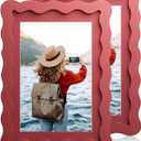 5x7 Wavy Picture Frame With Mat For 4x6, Wavy Edge Wooden Picture Frame with Real Glass - Wall Mount and Tabletop Display, Red, 2 Pack