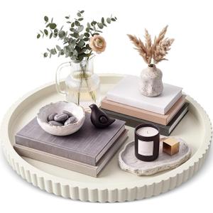 24 in Large Round Ottoman Tray, Decorative Serving Tray,Cream