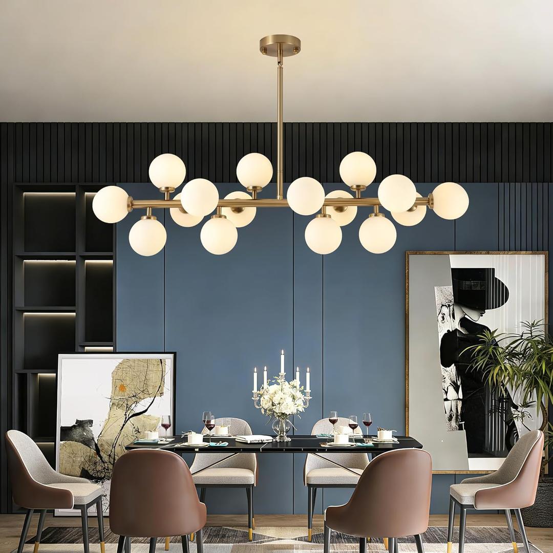 Mid Century Modern Chandelier Over Table, 16-Light Globe Sputnik Chandelier Brass Pendant Lighting Fixture Hanging Ceiling Light for Dining Room, Kitchen Island