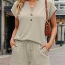 LILLUSORY Womens Henley 2 Piece Short Sets Summer 2026 Lounge Spring Beach Airport Travel Vacation Outfits Matching Sweatsuit (Beige, L)