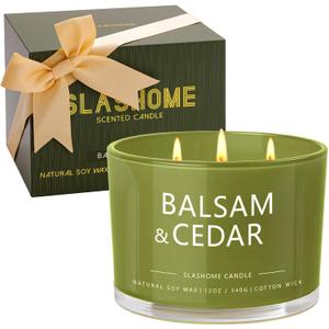 Balsam Cedar Candle, Large 3 Wick 12oz Soy Scented Candle, Luxury Christmas Birthday & Holiday Gift for Women & Men, Long Lasting 60+ Hour Clean Non-Toxic Burn, Elegant Winter Home Decor