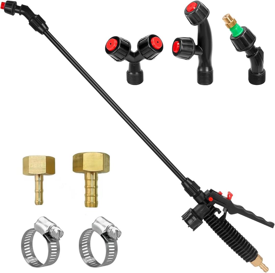 Acid Resistant Sprayer Wand with 4 Types of Nozzles, Pump Replacement Sprayer Wand with 1/4" & 3/8" Brass Barbs and 2 Hose Clamps