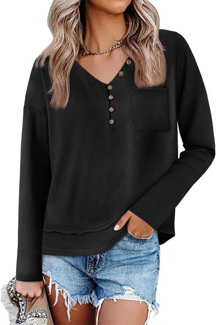 Tankaneo Womens V Neck Henley Shirts Casual Long Sleeve Flowy Tees Cute Loose Fit Tops with Pocket (Medium, Black)