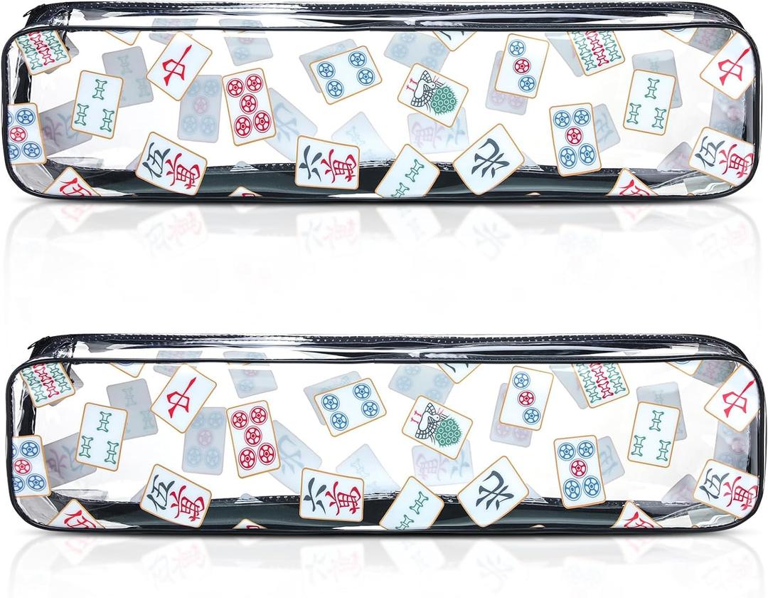 2 Pcs Mahjong Tile Bag Mahjong Racks for Tiles and Pushers Waterproof Tile Zippered Case PVC Clear Mah Jong Gifts, Empty Bag Only, 20 x 4.5 x 2.5(Classic Style)