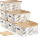 Small Storage Bins with Bamboo Lid, Plastic Storage Box with Lid, 5QT Stackable Organizing Basket with Lable, Storage Container for Classroom, Office, Closet, Shelf Organization, 10x7x4 In-White-6 Pcs