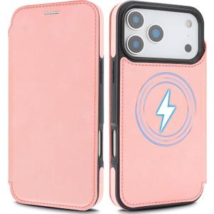 for iPhone 17 Pro Wallet Case with [RFID Blocking] Card Slot, MagSafe-FitPU Leather Strong Magnetic Flip Fold Protective Phone Case for iPhone 17 Pro Case Wallet,Pink