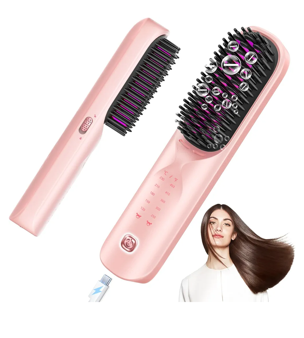 Cordless Hair Straightener Brush - Portable Hair Straightening Brush for Travel - 300M Negative Ions for Frizz-Free Shine, Touch Up On-The-Go, Fast Heating, Gift for Women, 10,000mAh, Powder Pink