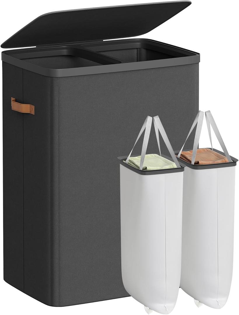 SONGMICS Laundry Basket, 44.9 Gal. Laundry Hamper, 2 Compartments, Easy Assembly, with Lid and Handles, Removable Liners, 22 x 15.7 x 29.5 Inches, Black
