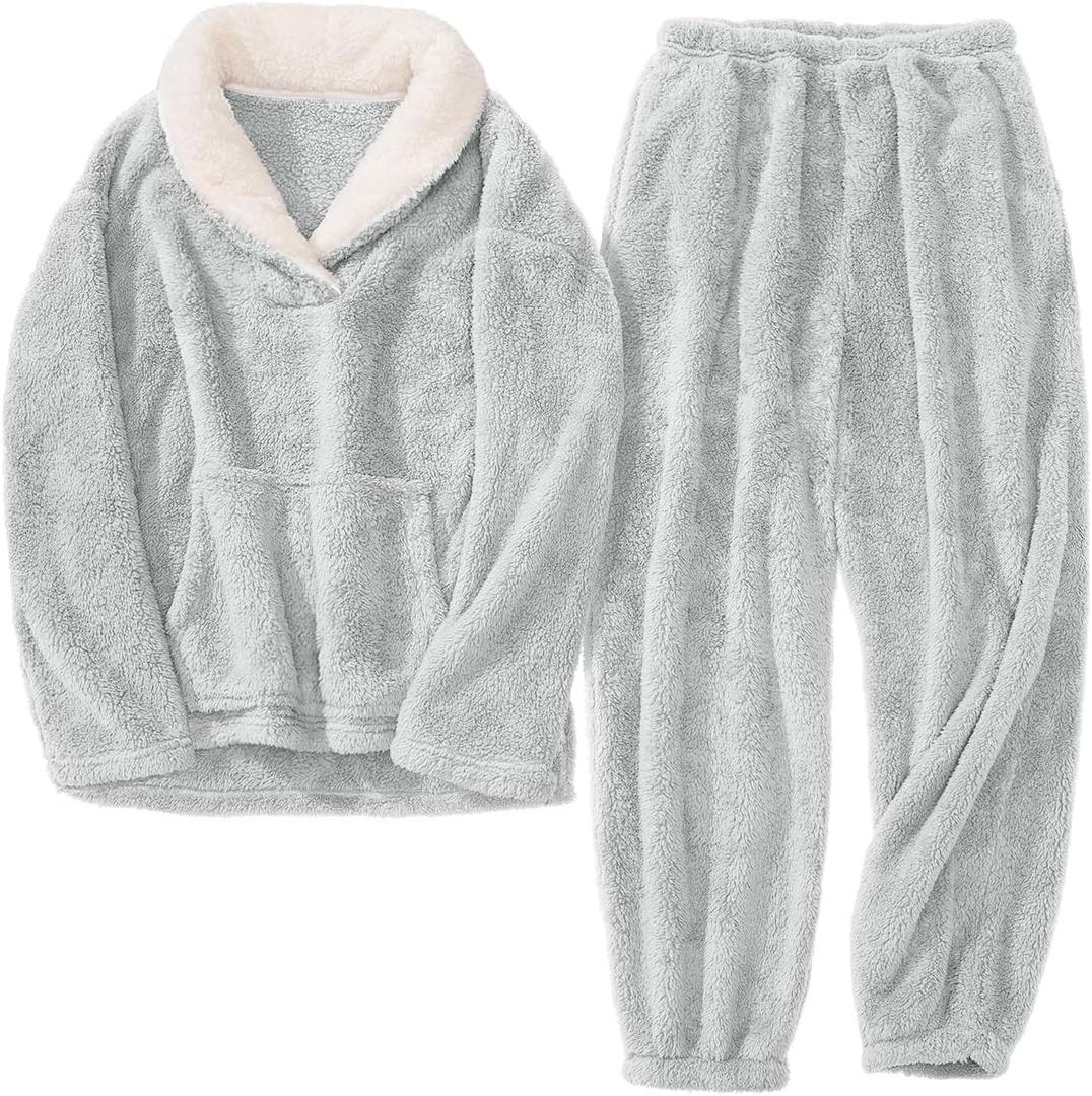 HEEKEPK Womens Fluffy Pajamas Set Fleece Fuzzy Winter Warm Pj Sets Pullover Pants Plush 2 Piece Loungewear Sleepwear Pockets (Medium, Grey)